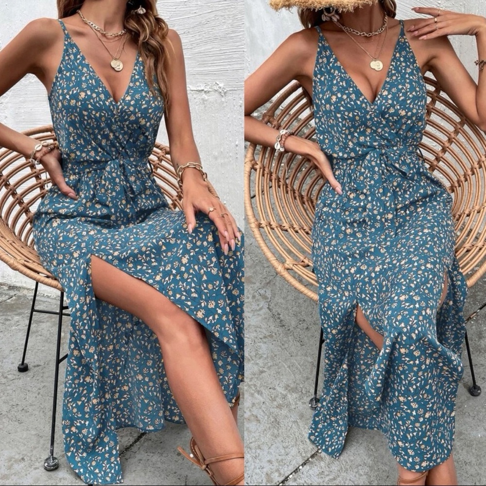 Boho Blue Floral Ditsy Print Split Hem Cami Belted Maxi Dress